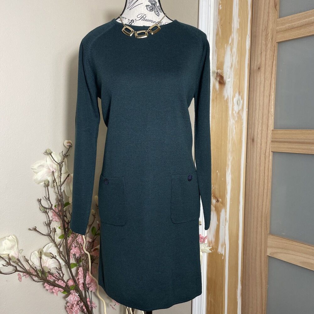 Andrea Viccaro Dress Womens Petite Medium Green Wool Blend Knit Long Sleeve